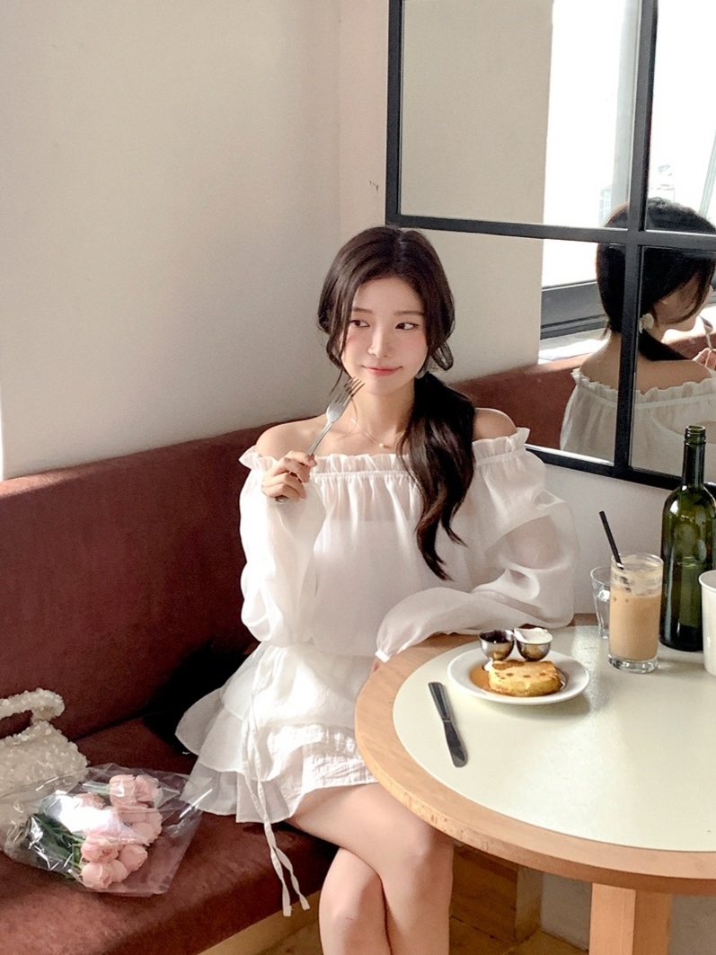 オフショルダーシャーリングドローストリングパフスリーブルーズ長袖無地ブラウス | 詳細画像11