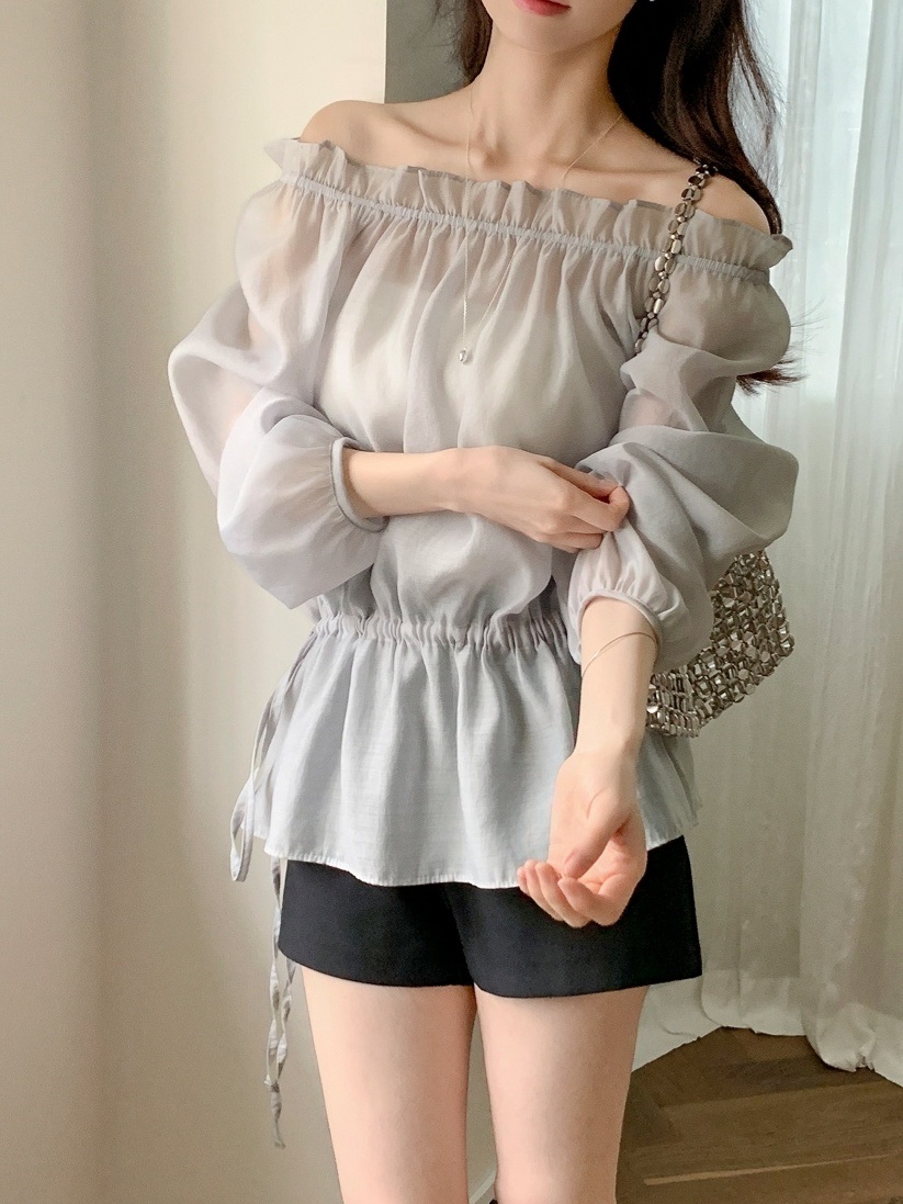 オフショルダーシャーリングドローストリングパフスリーブルーズ長袖無地ブラウス | 詳細画像13