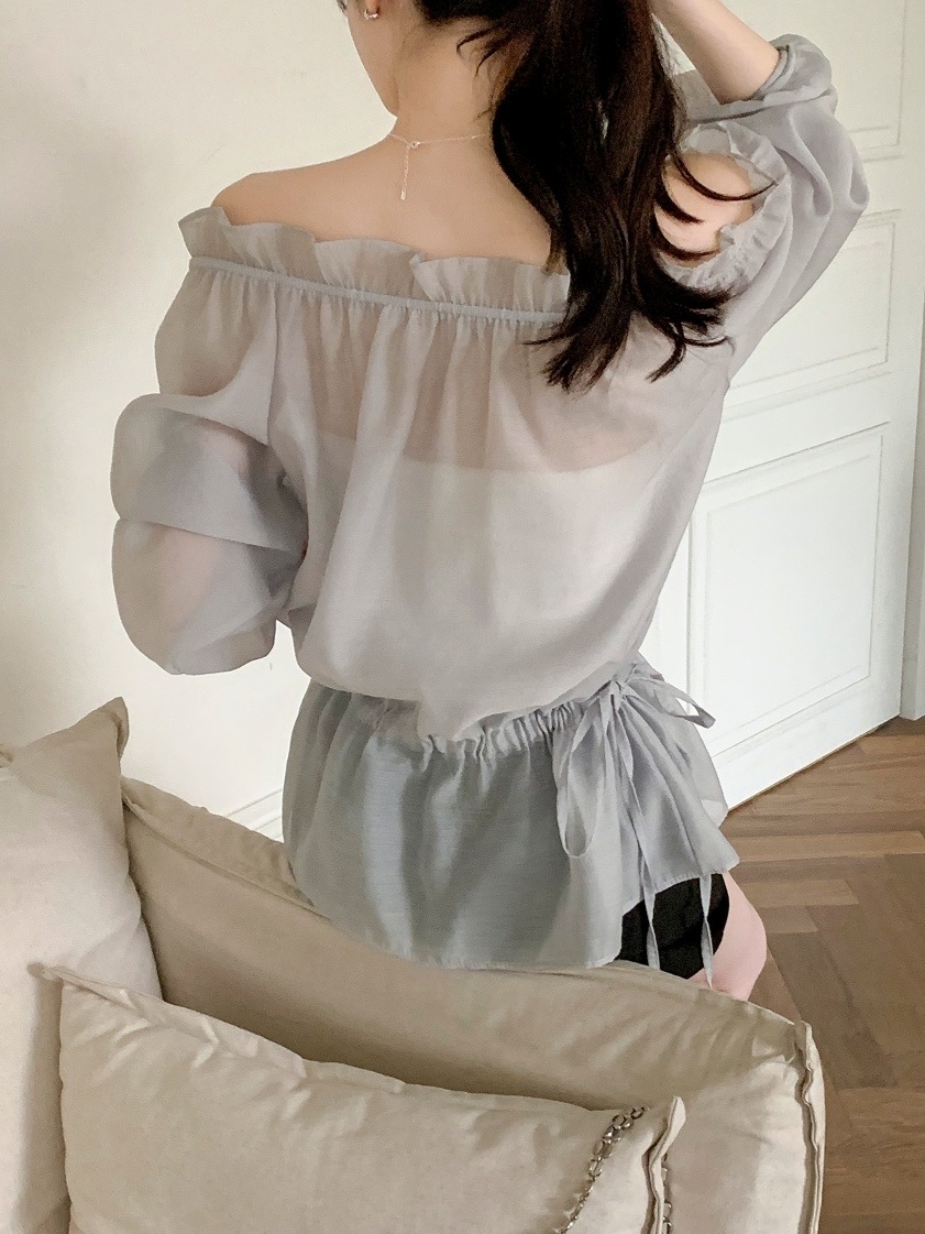 オフショルダーシャーリングドローストリングパフスリーブルーズ長袖無地ブラウス | 詳細画像15