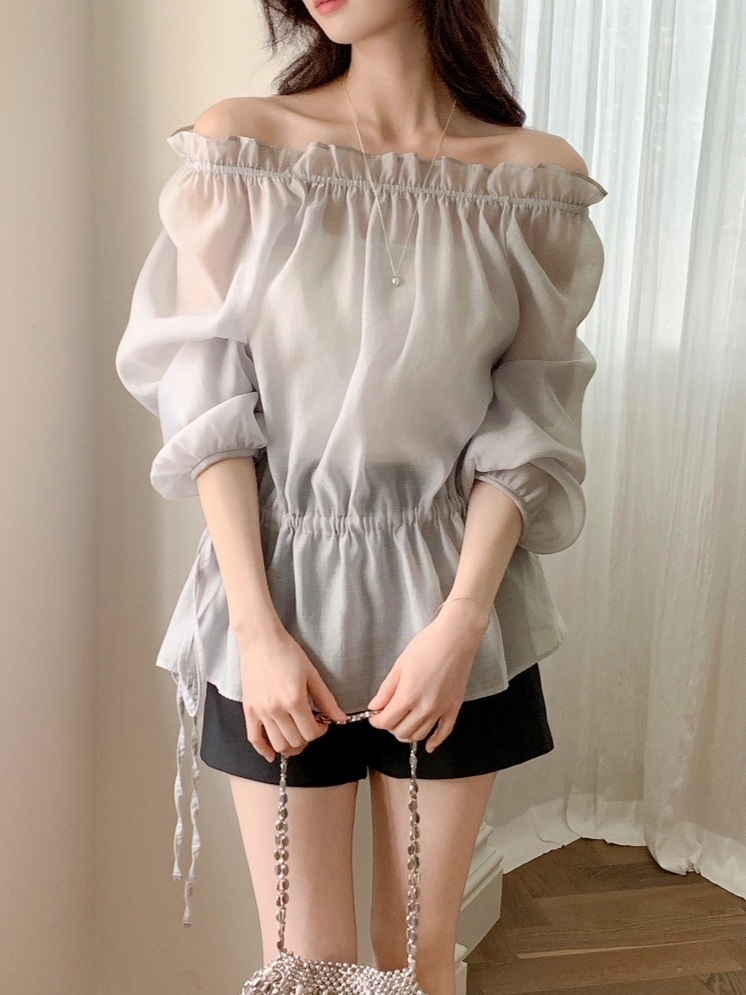 オフショルダーシャーリングドローストリングパフスリーブルーズ長袖無地ブラウス | 詳細画像14