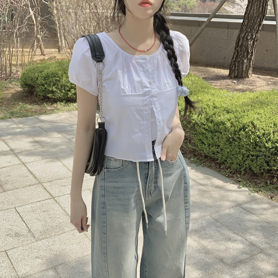 Amitie パフスリーブ半袖ノーカラーブラウスホワイト S for Shoko コットンボタンパフスリーブ半袖シャーリングスクエアネックブラウス