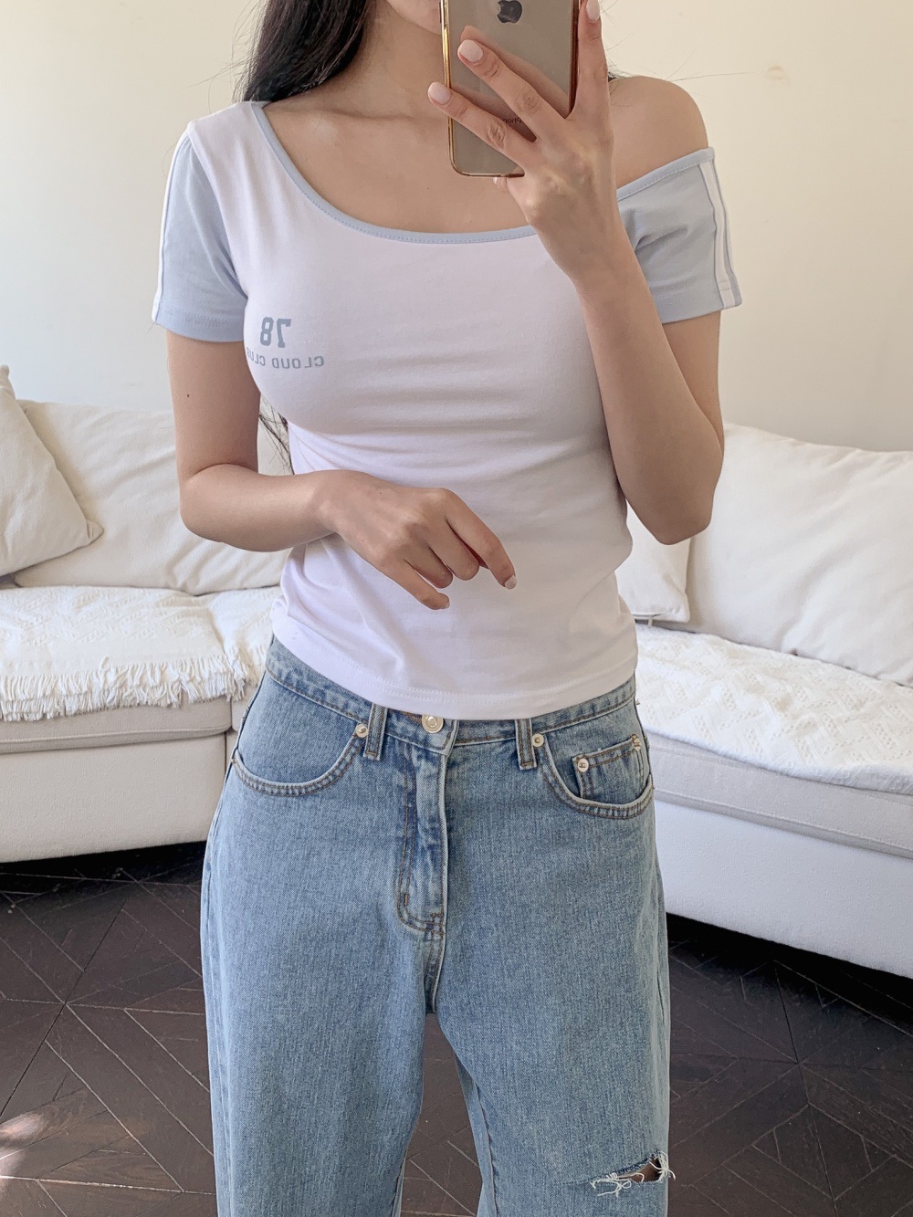 ワンショルダースリム半袖レタリング配色Tシャツ | 詳細画像3