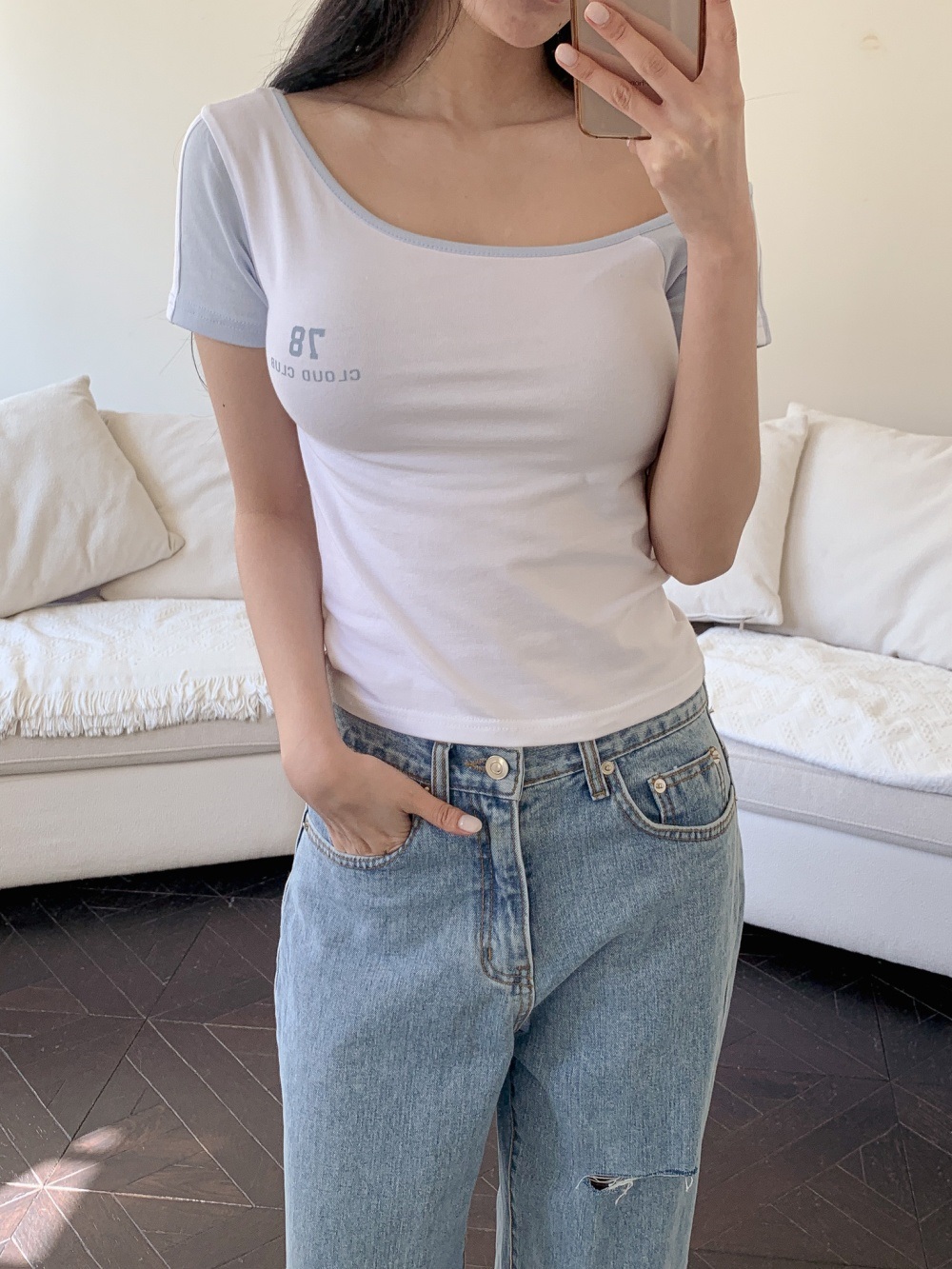 ワンショルダースリム半袖レタリング配色Tシャツ | 詳細画像4