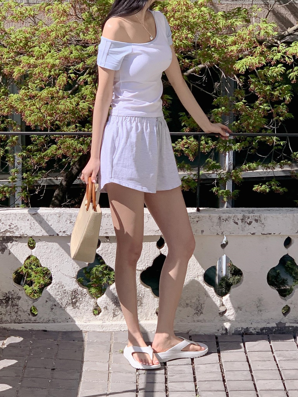 コットンドローストリングポケットウエストゴムオーバーサイズショート無地ショートパンツ | 詳細画像3