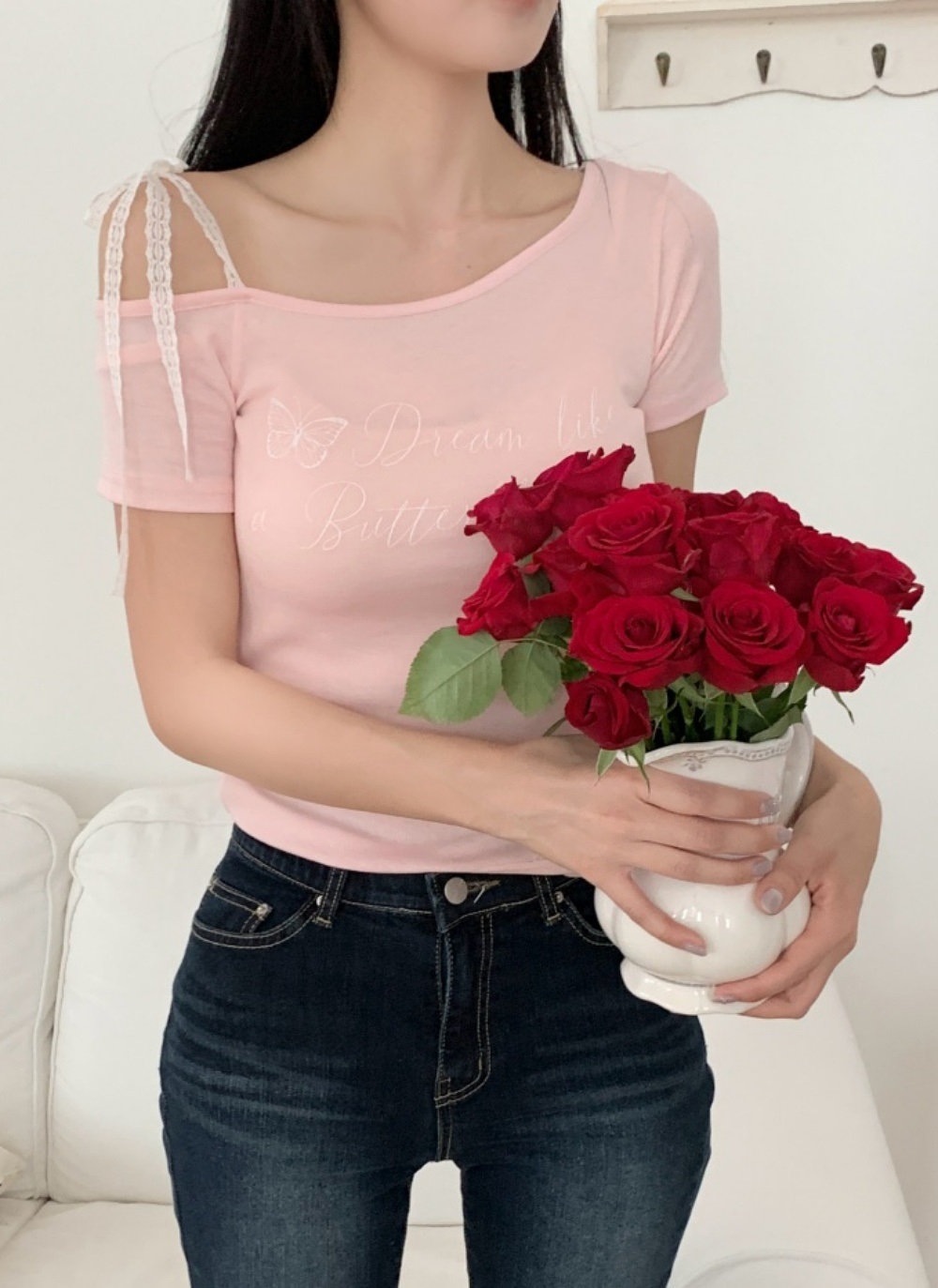 レースワンショルダードローストリングベーシック半袖Tシャツ | 詳細画像3