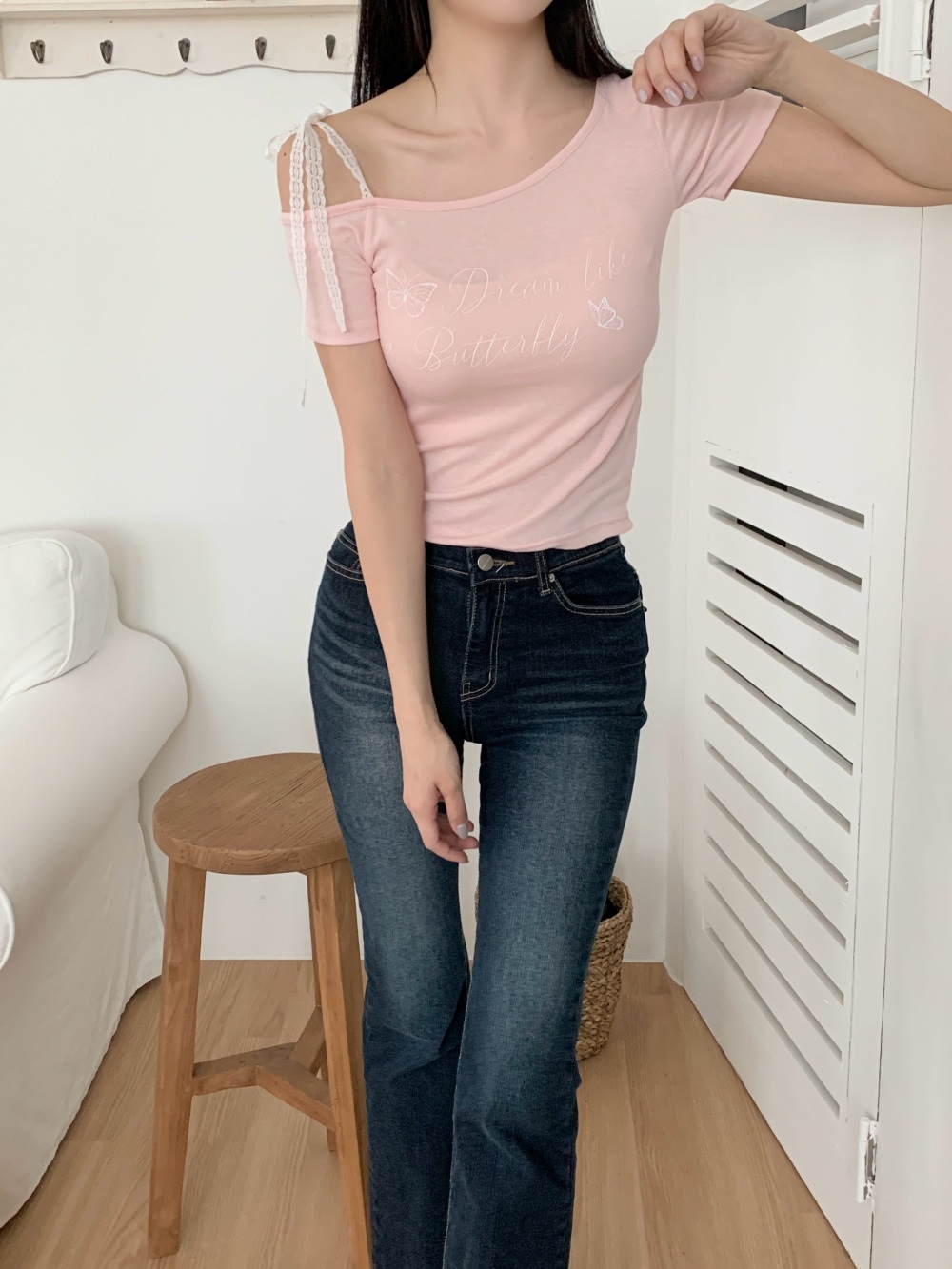 レースワンショルダードローストリングベーシック半袖Tシャツ | 詳細画像7