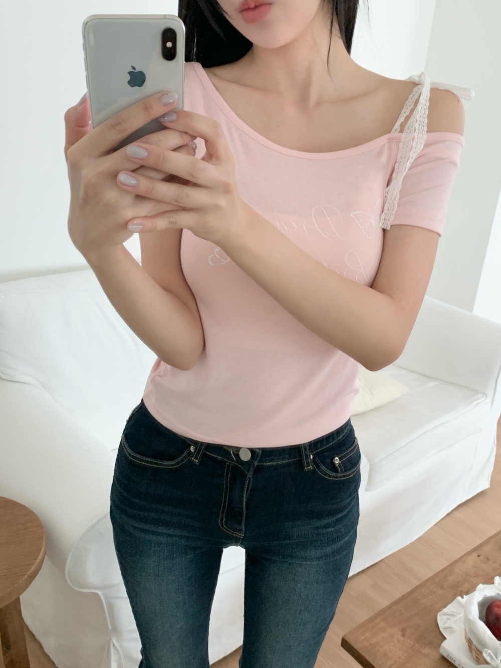 レースワンショルダードローストリングベーシック半袖Tシャツ | 詳細画像9