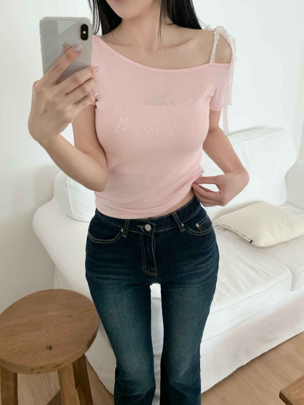 レースワンショルダードローストリングベーシック半袖Tシャツ | 詳細画像10