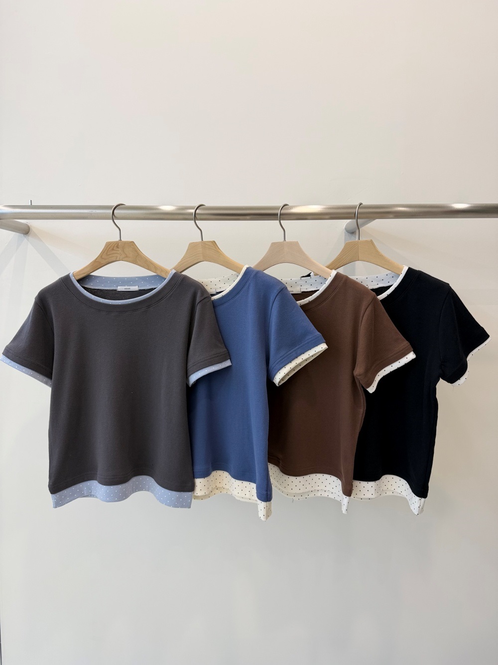 配色コットンラウンドネックベーシック半袖ドットTシャツ | 詳細画像2