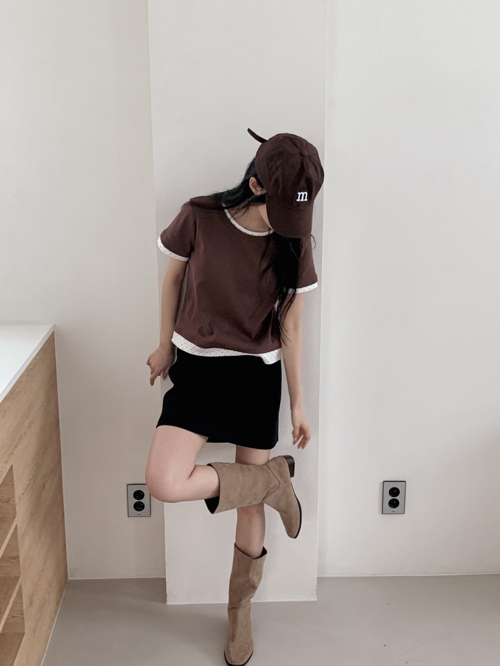 配色コットンラウンドネックベーシック半袖ドットTシャツ | 詳細画像4