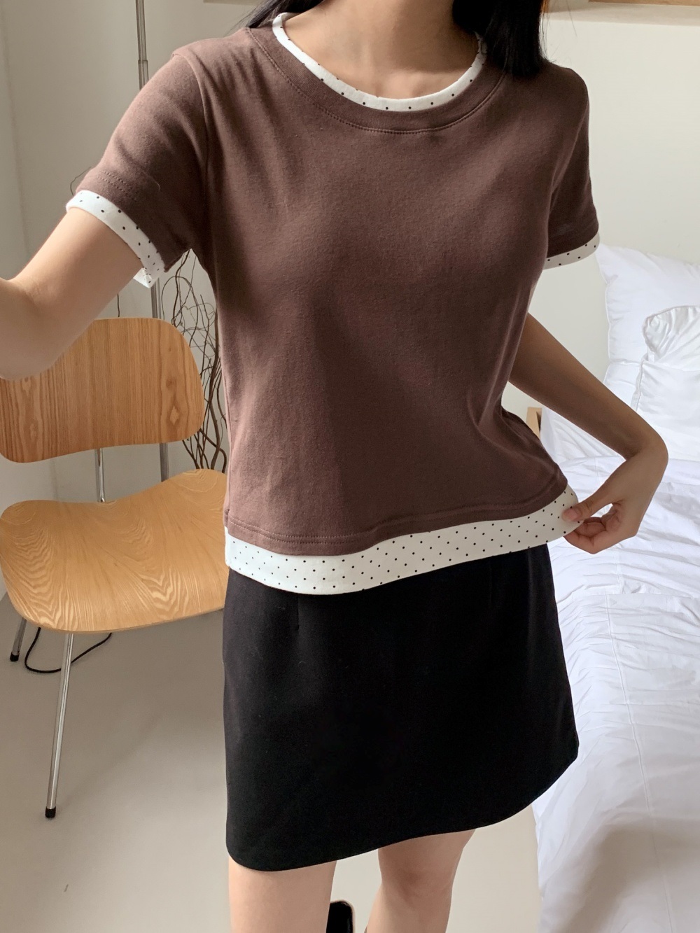 配色コットンラウンドネックベーシック半袖ドットTシャツ | 詳細画像6