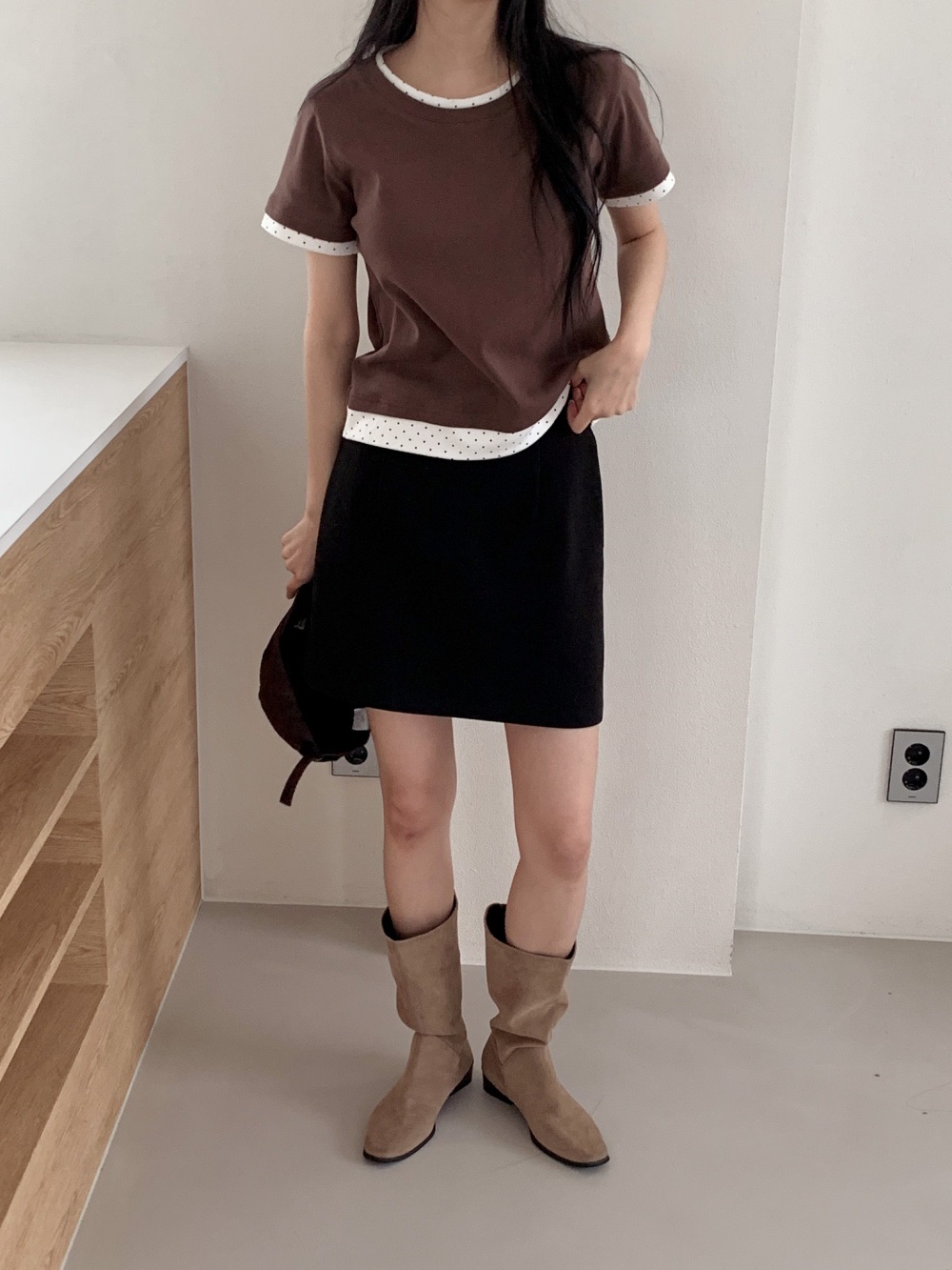 配色コットンラウンドネックベーシック半袖ドットTシャツ | 詳細画像8