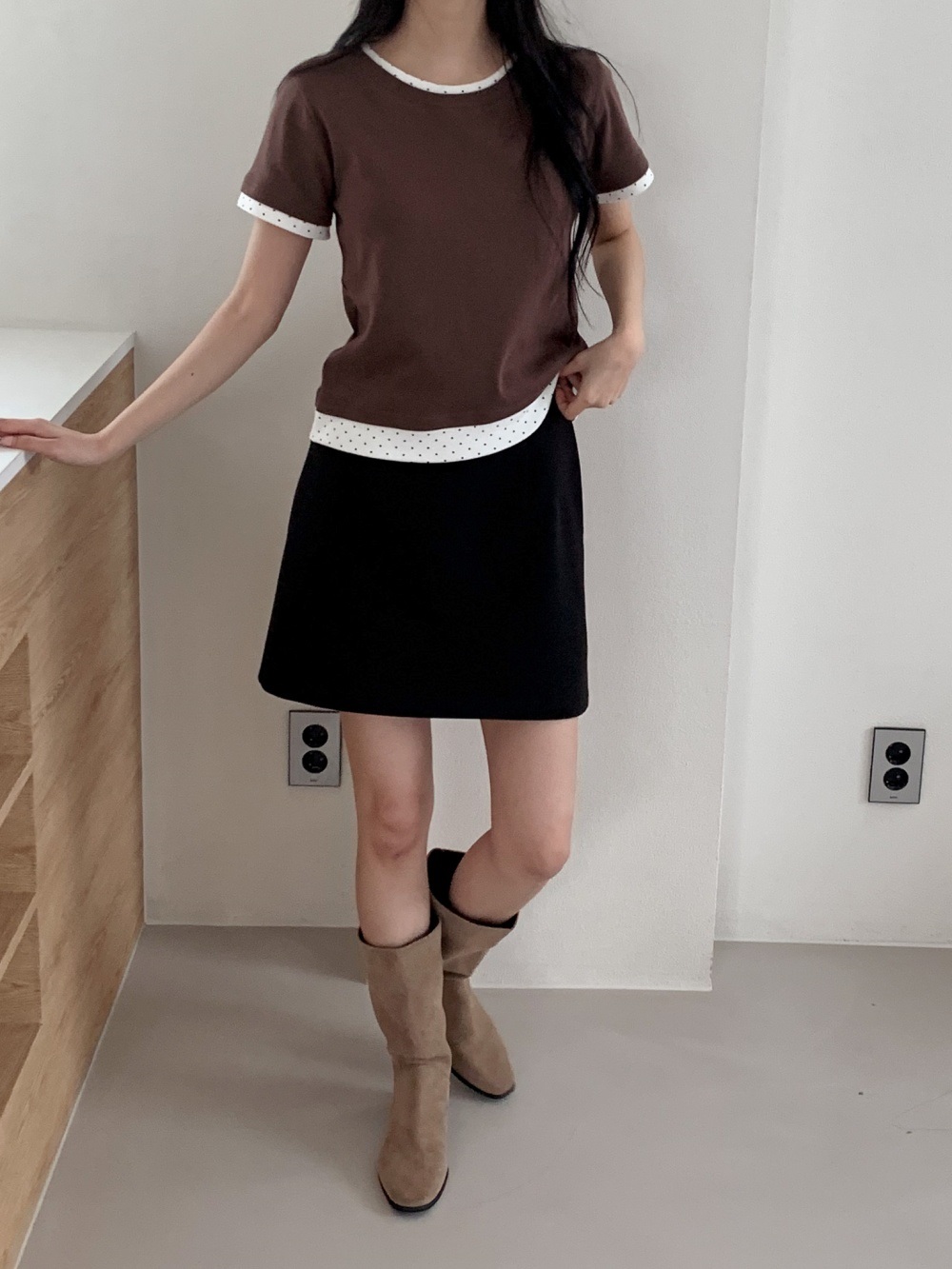 配色コットンラウンドネックベーシック半袖ドットTシャツ | 詳細画像9