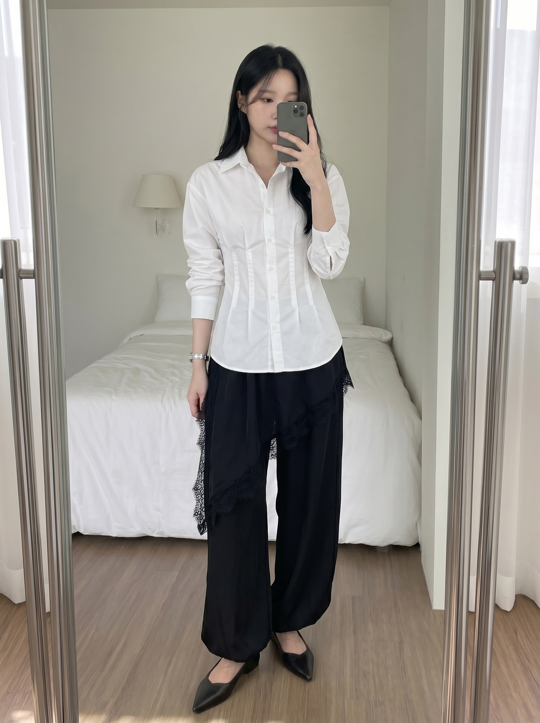 コットンボタンカラーペプラムスリム長袖シャツ | 詳細画像5