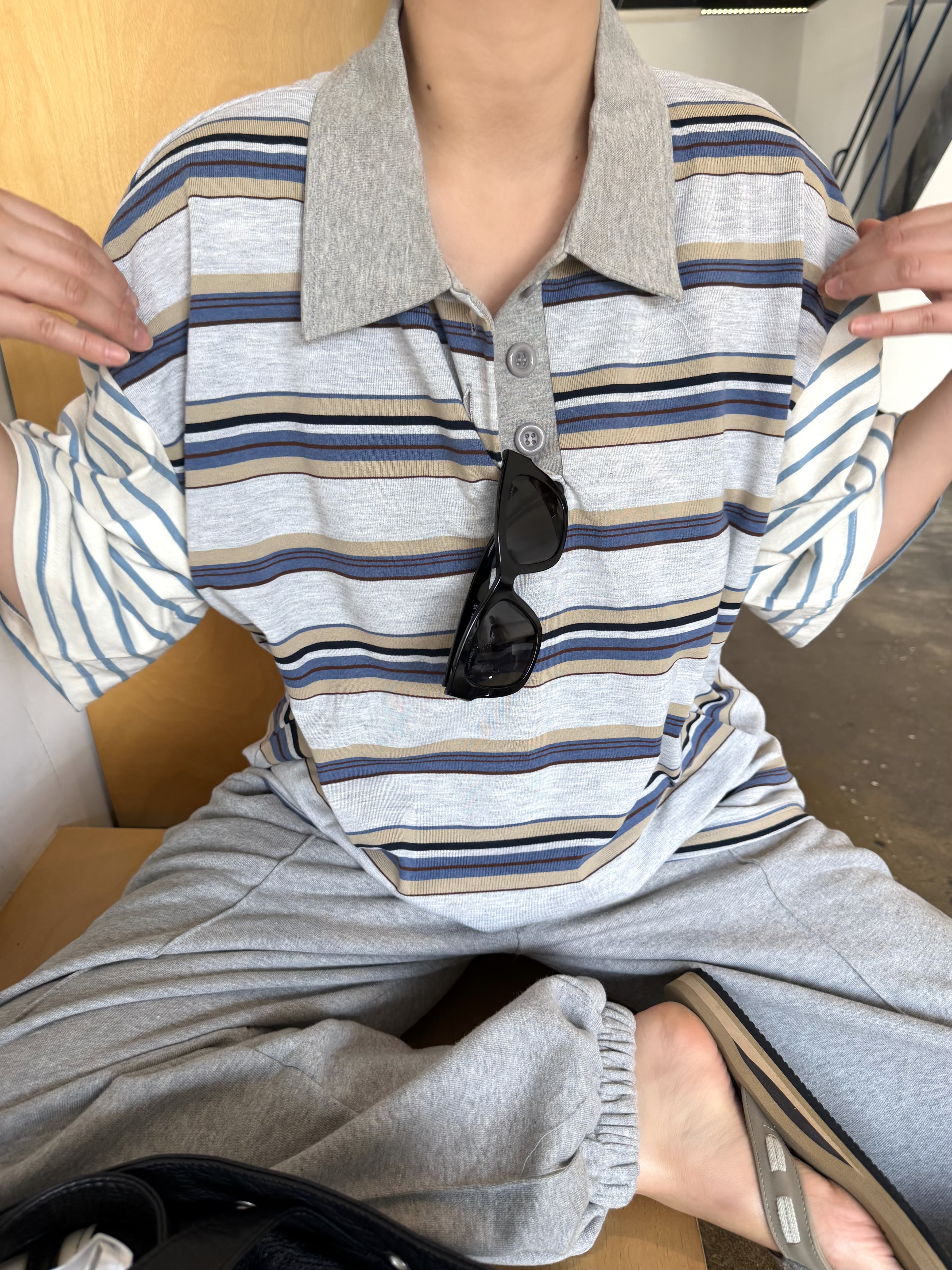 ボタンカラーベーシックボクシールーズ半袖ボーダー配色Tシャツ | 詳細画像11