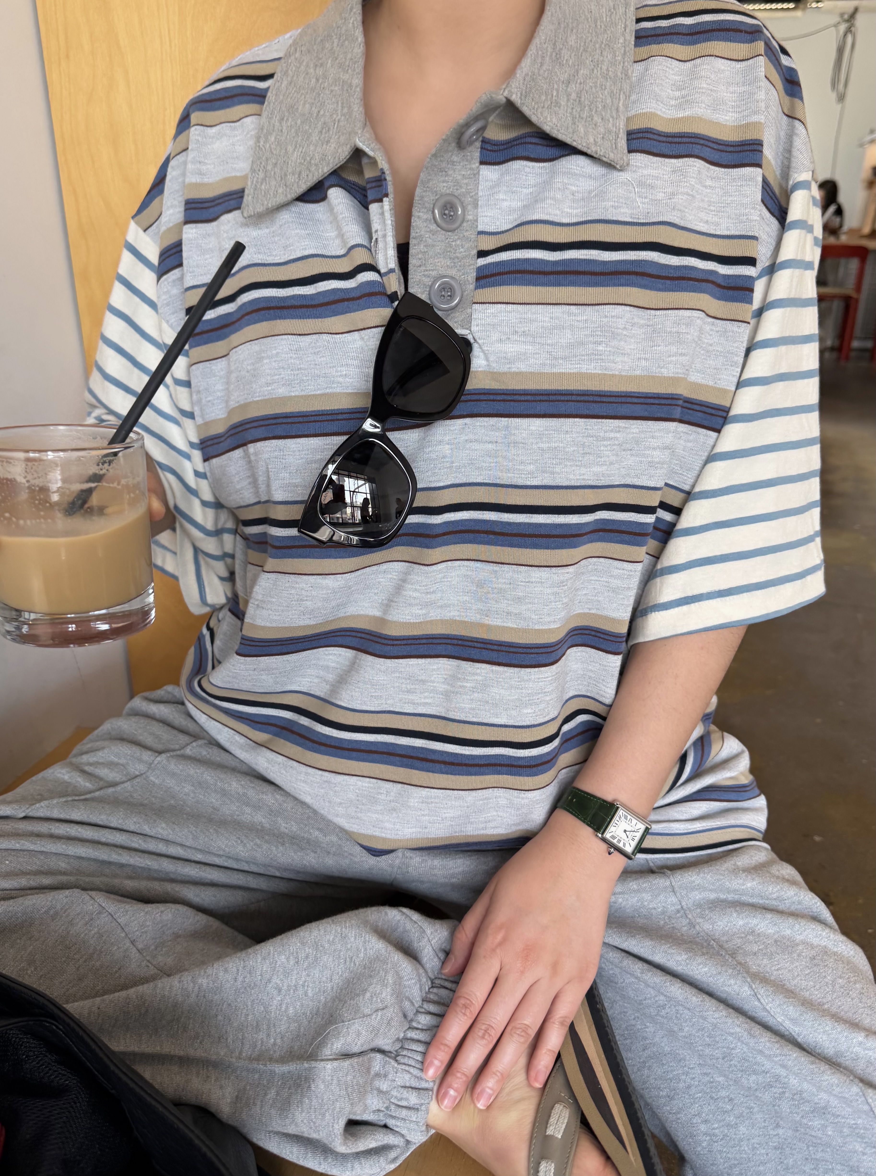 ボタンカラーベーシックボクシールーズ半袖ボーダー配色Tシャツ | 詳細画像10