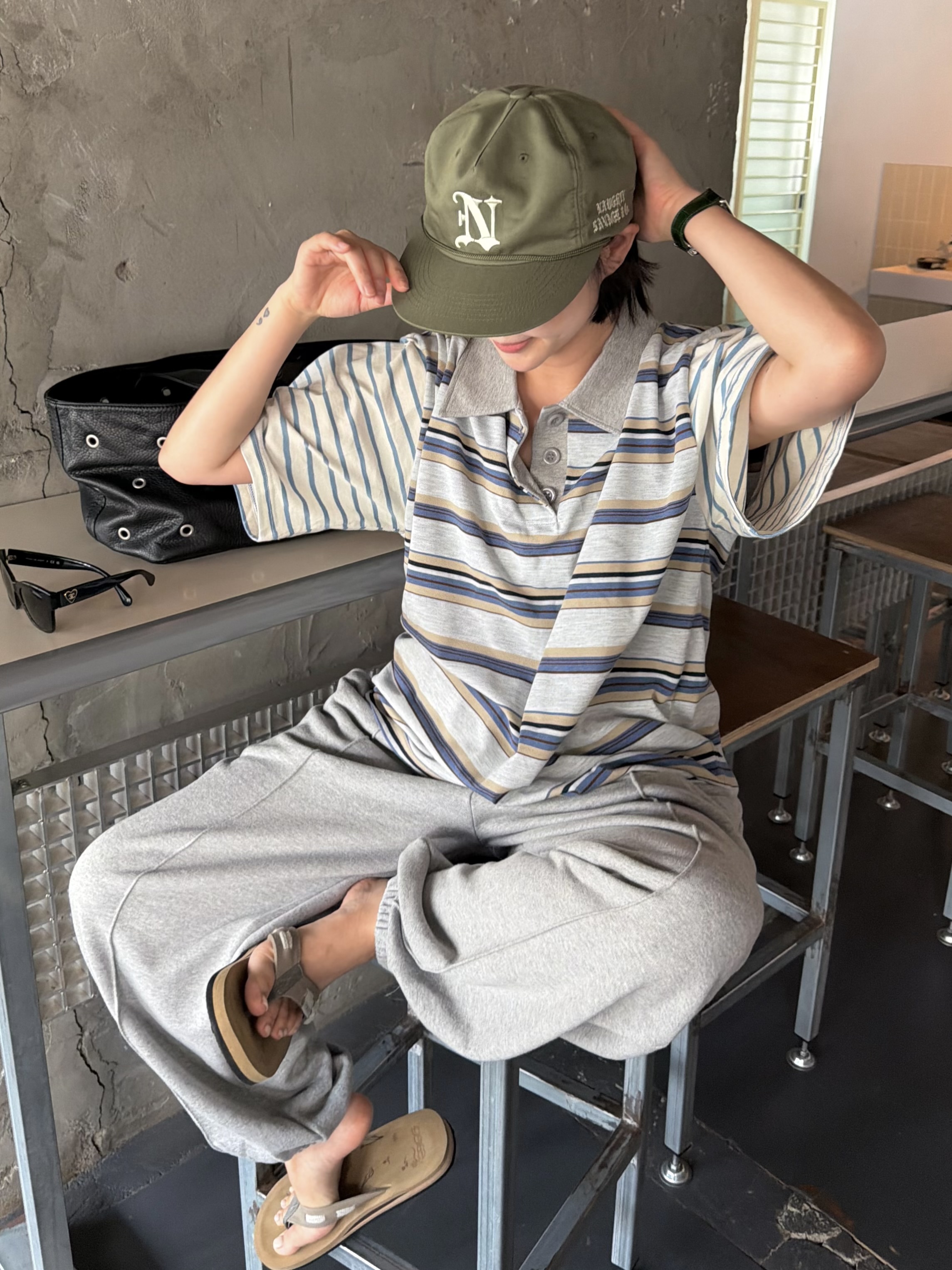 ボタンカラーベーシックボクシールーズ半袖ボーダー配色Tシャツ | 詳細画像6