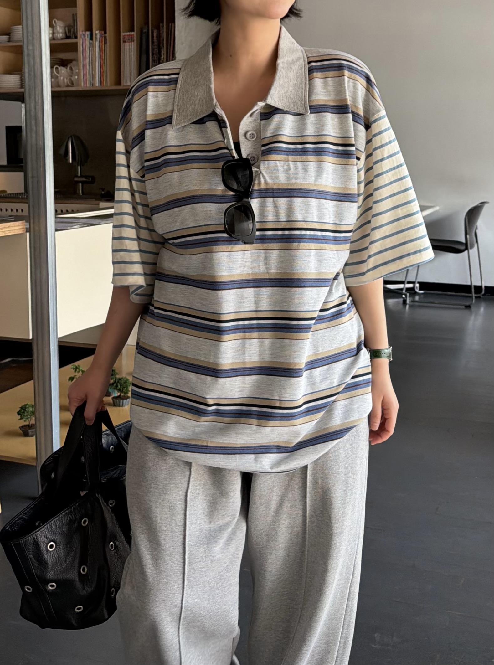 ボタンカラーベーシックボクシールーズ半袖ボーダー配色Tシャツ | 詳細画像3