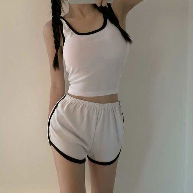 配色ウエストゴムスリムセットアップタンクトップトレーニングショートパンツ | 詳細画像2