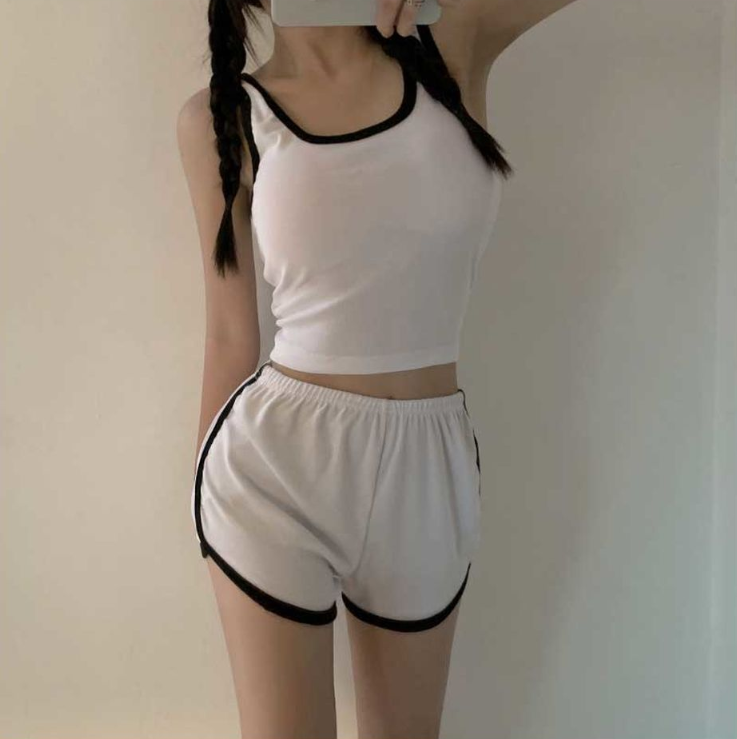 配色ウエストゴムスリムセットアップタンクトップトレーニングショートパンツ | 詳細画像4