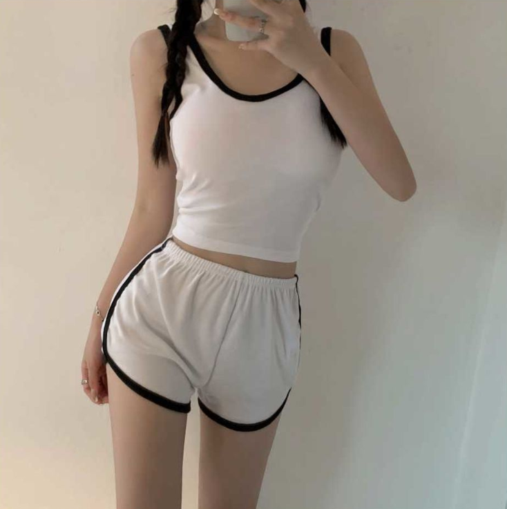 配色ウエストゴムスリムセットアップタンクトップトレーニングショートパンツ | 詳細画像5