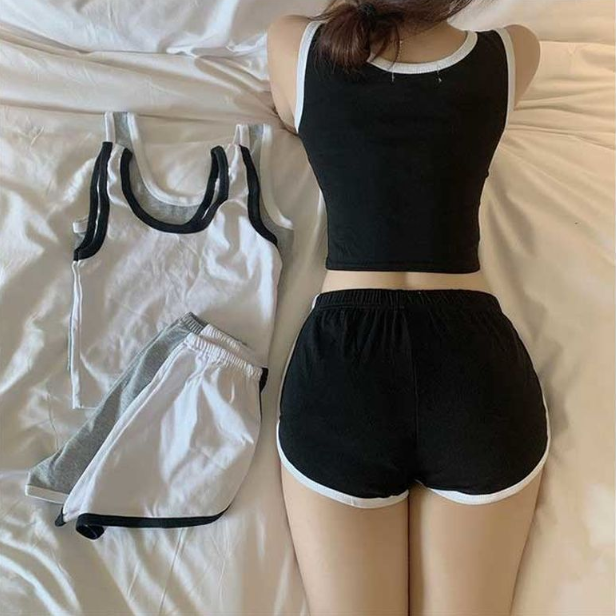 配色ウエストゴムスリムセットアップタンクトップトレーニングショートパンツ | 詳細画像6