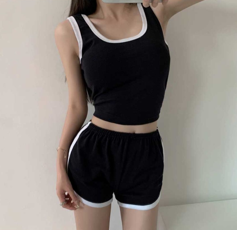 配色ウエストゴムスリムセットアップタンクトップトレーニングショートパンツ | 詳細画像7