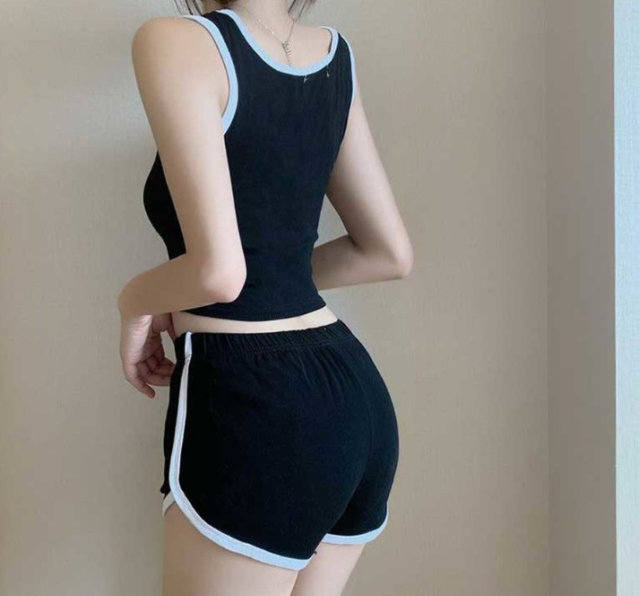 配色ウエストゴムスリムセットアップタンクトップトレーニングショートパンツ | 詳細画像9