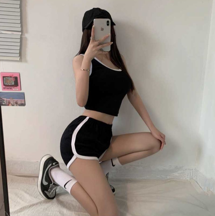 配色ウエストゴムスリムセットアップタンクトップトレーニングショートパンツ | 詳細画像10