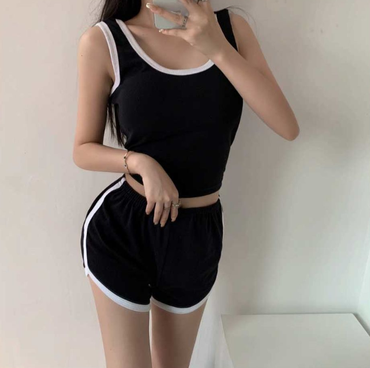 配色ウエストゴムスリムセットアップタンクトップトレーニングショートパンツ | 詳細画像11