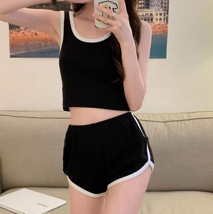 配色ウエストゴムスリムセットアップタンクトップトレーニングショートパンツ | 詳細画像12