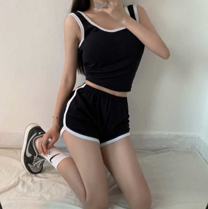 配色ウエストゴムスリムセットアップタンクトップトレーニングショートパンツ | 詳細画像13