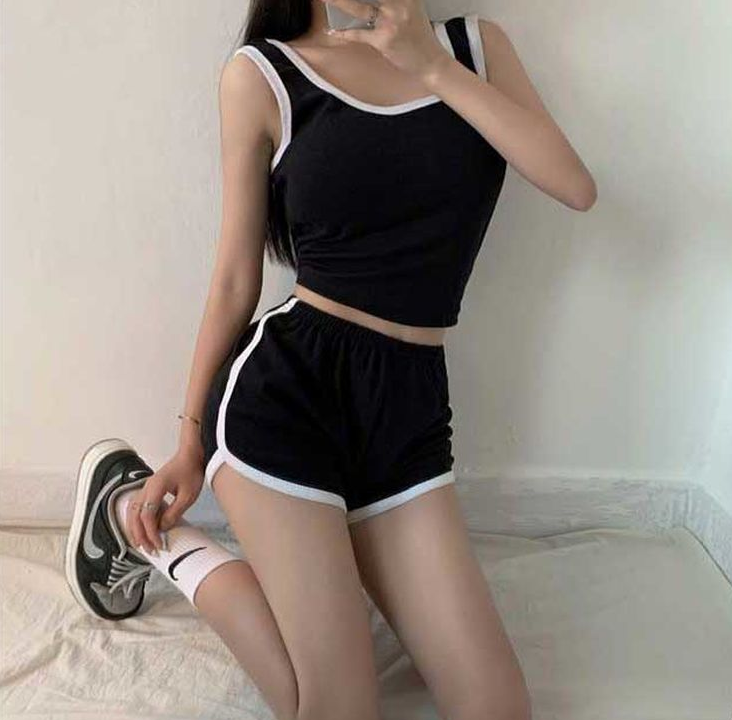 配色ウエストゴムスリムセットアップタンクトップトレーニングショートパンツ | 詳細画像14