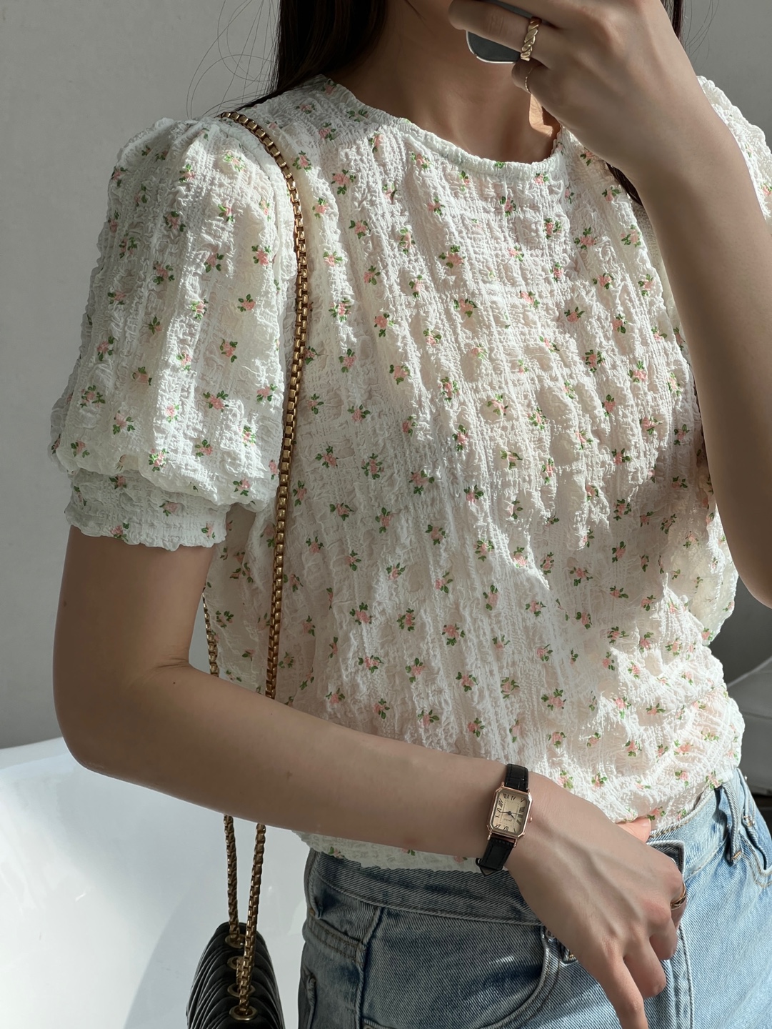 ベーシックパフスリーブ半袖小花柄ブラウス | 詳細画像5