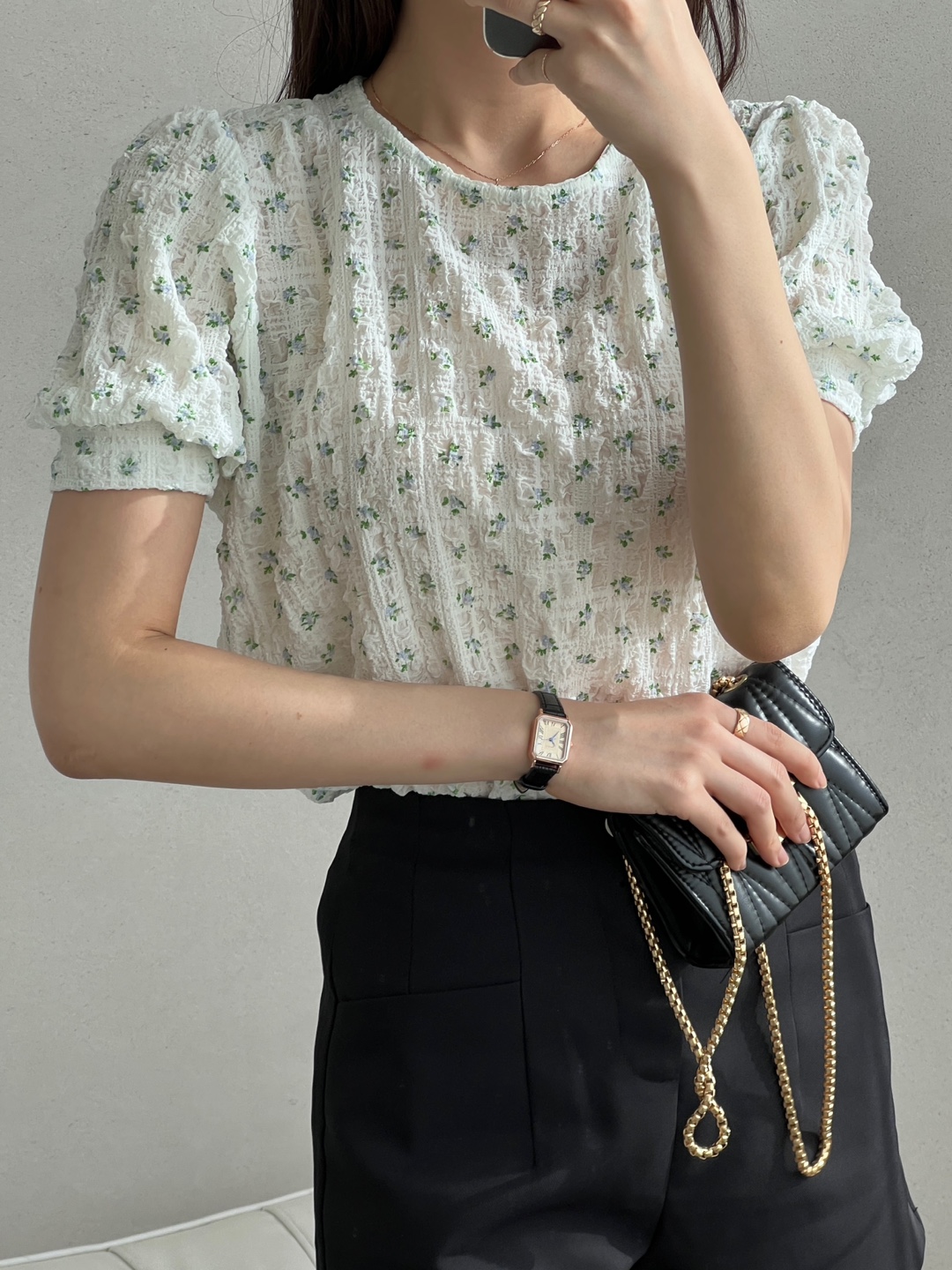 ベーシックパフスリーブ半袖小花柄ブラウス | 詳細画像7