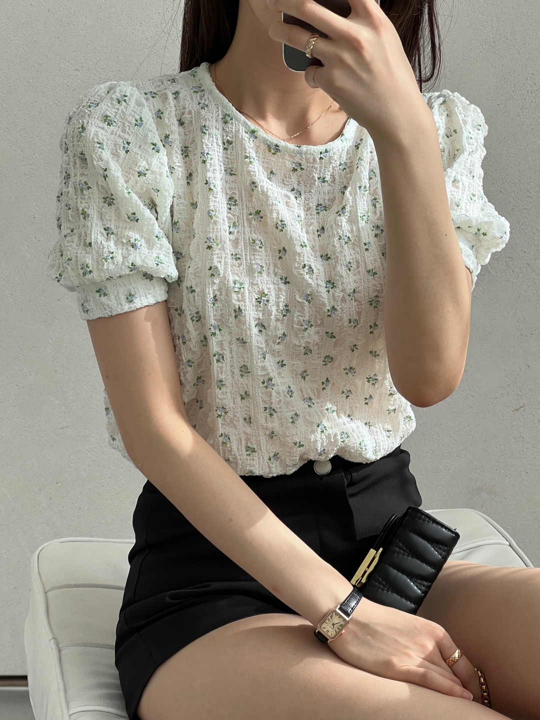 ベーシックパフスリーブ半袖小花柄ブラウス | 詳細画像8