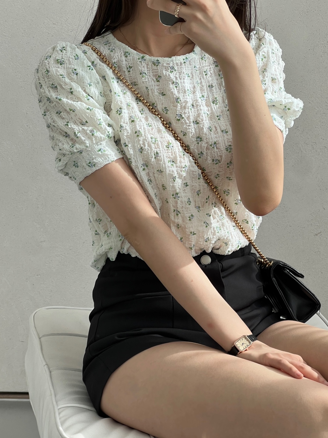 ベーシックパフスリーブ半袖小花柄ブラウス | 詳細画像9