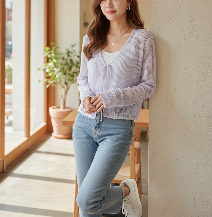 ニットシースルーボレロネックルーズ長袖ネットカーディガン | 詳細画像5