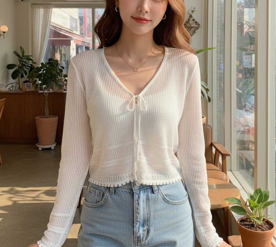 ニットシースルーボレロネックルーズ長袖ネットカーディガン | 詳細画像2