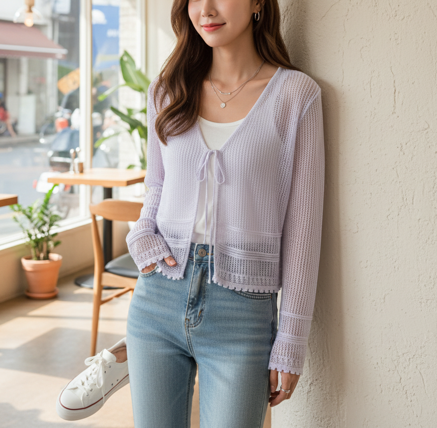 ニットシースルーボレロネックルーズ長袖ネットカーディガン | 詳細画像7