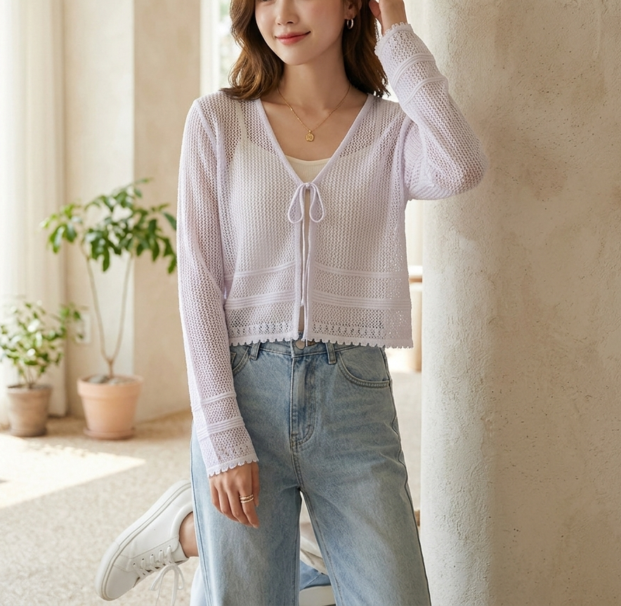 ニットシースルーボレロネックルーズ長袖ネットカーディガン | 詳細画像3