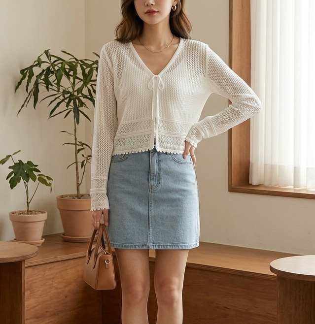 ニットシースルーボレロネックルーズ長袖ネットカーディガン | 詳細画像4