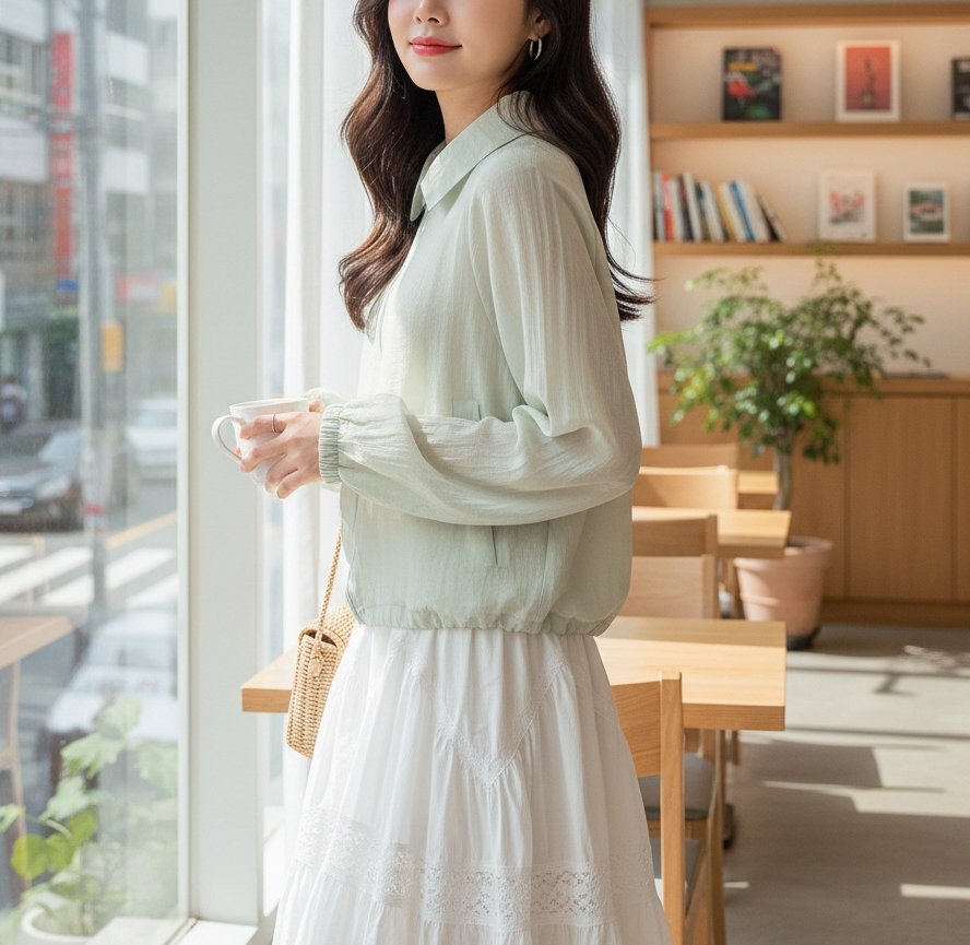 シースルージップアップカラーベーシックルーズ長袖ジャンパー | 詳細画像2