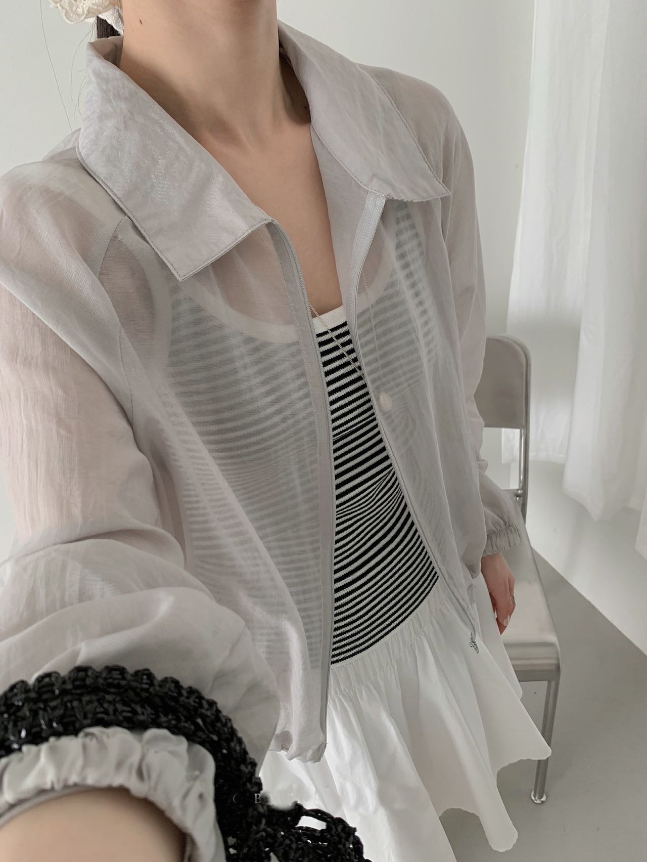 シースルージップアップカラーベーシックルーズ長袖ジャンパー | 詳細画像4