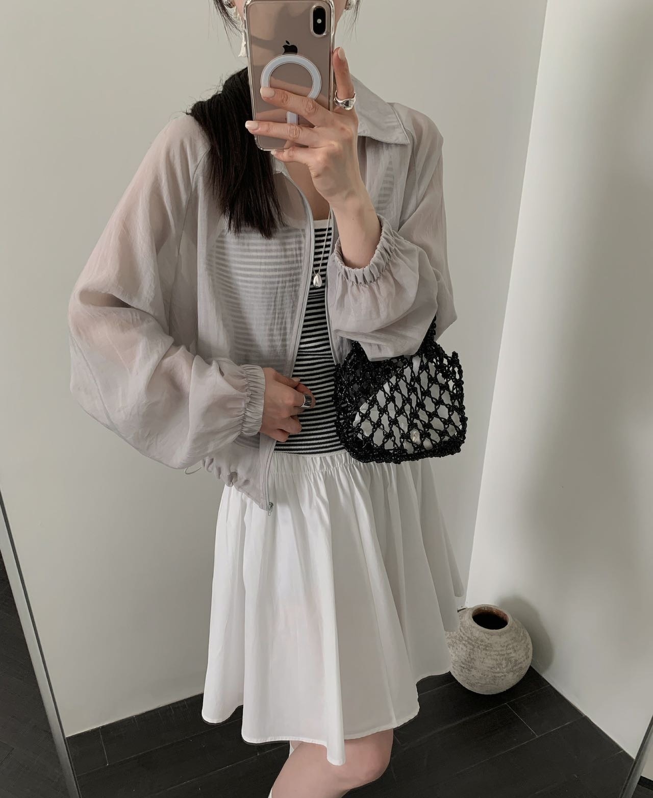 シースルージップアップカラーベーシックルーズ長袖ジャンパー | 詳細画像5