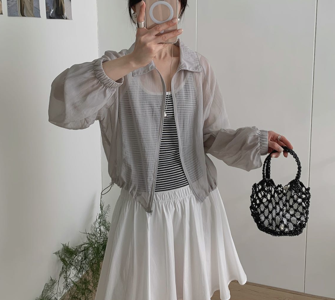 シースルージップアップカラーベーシックルーズ長袖ジャンパー | 詳細画像6