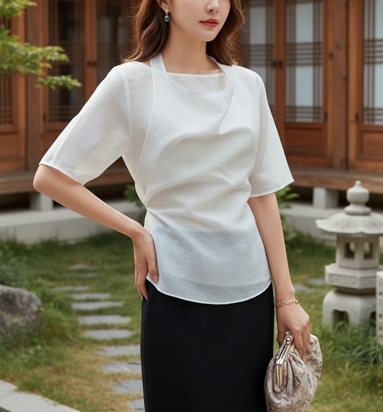 シースルーベーシックレイヤード風半袖ブラウス | 詳細画像2