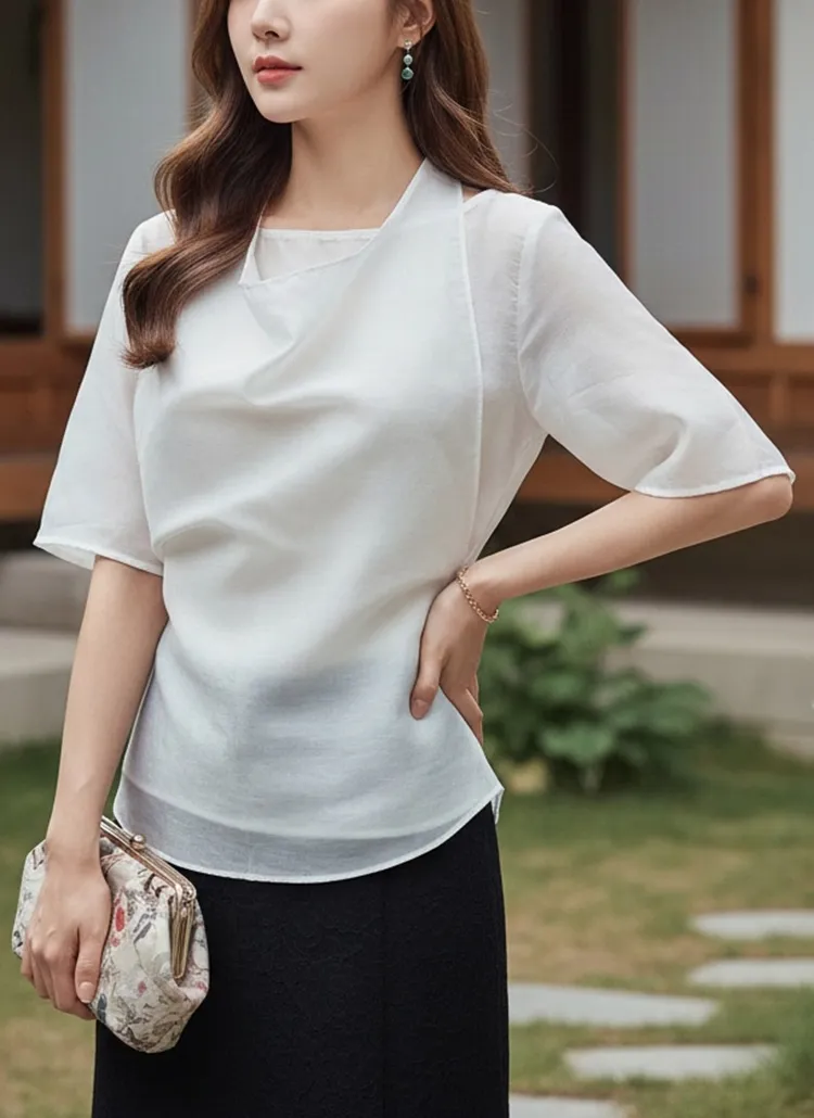 シースルーベーシックレイヤード風半袖ブラウス | 詳細画像1