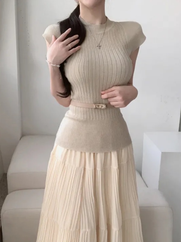 ウエストゴムフレンチスリーブロングAラインセットアップスカートニットベルト付 | 詳細画像2