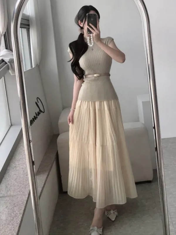 ウエストゴムフレンチスリーブロングAラインセットアップスカートニットベルト付 | 詳細画像3